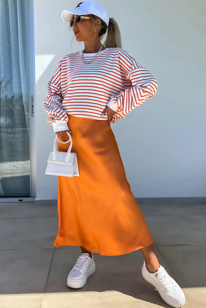 Orange Stripe Drop Shoulder Crew Neck Loose Sweatshirt - Tops/Sweatshirts & Hoodies