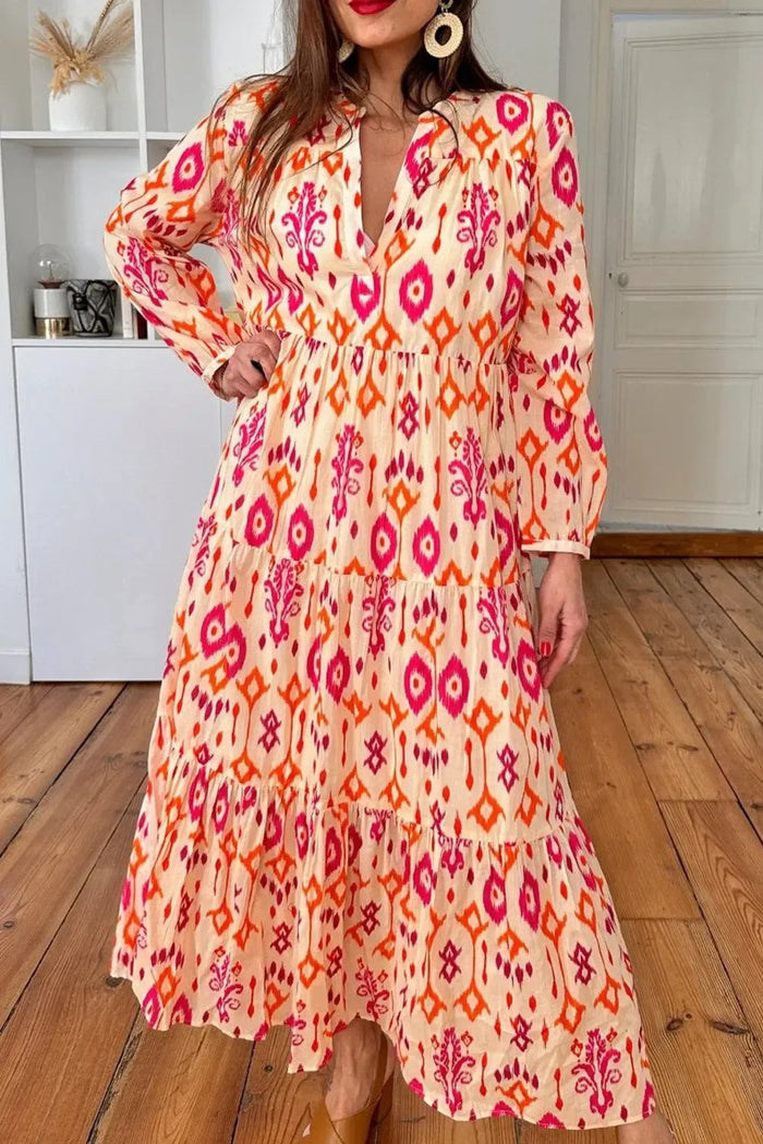 Orange Western Abstract Geometric Printed Maxi Dress - ORANGE / S / 100% POLYESTER - Dresses/Maxi Dresses