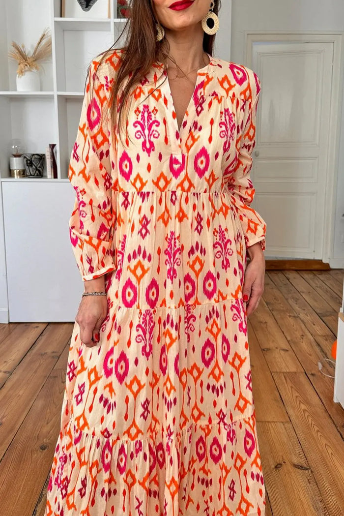 Orange Western Abstract Geometric Printed Maxi Dress - Dresses/Maxi Dresses