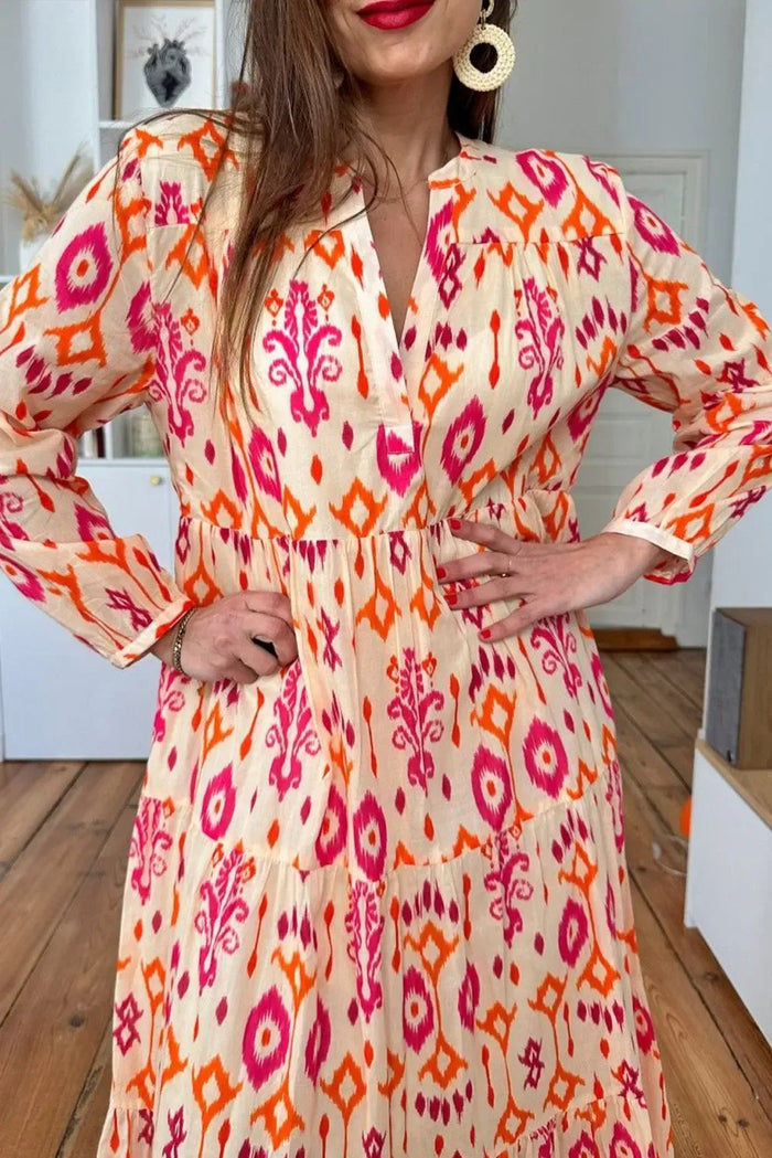 Orange Western Abstract Geometric Printed Maxi Dress - Dresses/Maxi Dresses