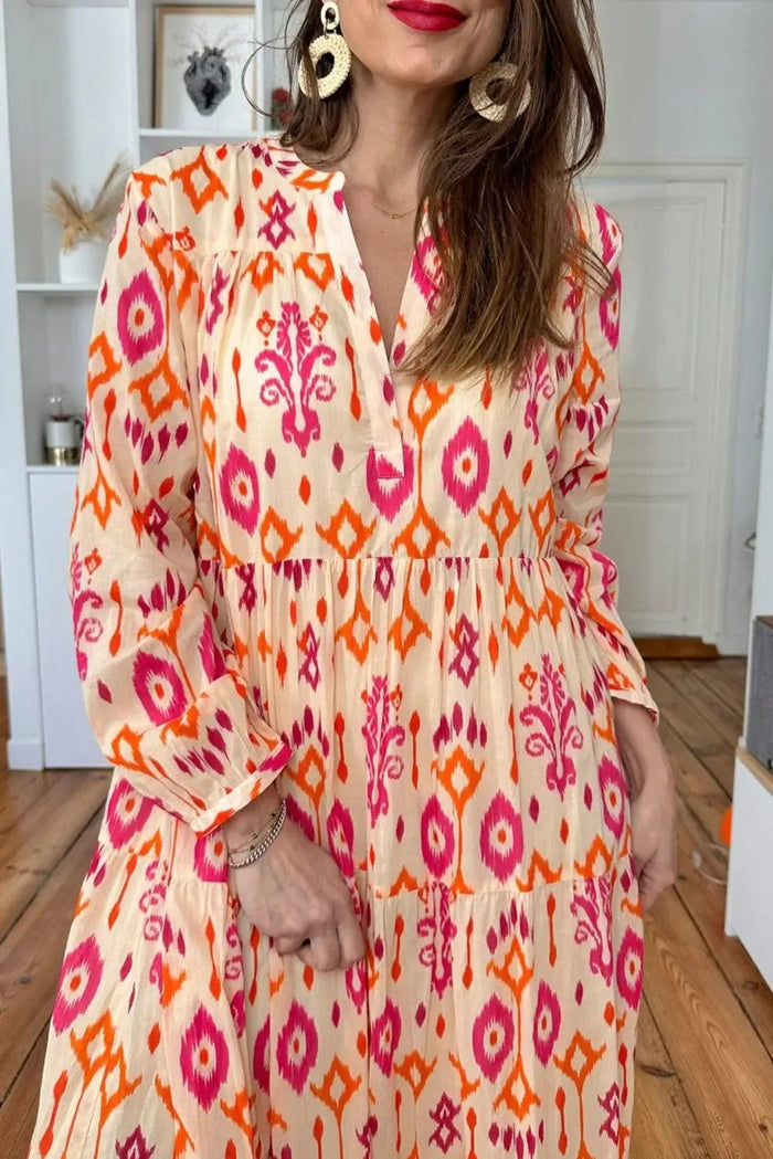 Orange Western Abstract Geometric Printed Maxi Dress - Dresses/Maxi Dresses