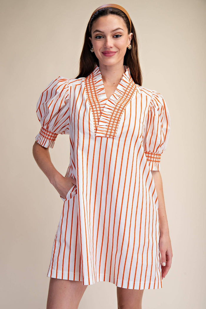 Orange & White Striped Smocked Puff Sleeve Dress
