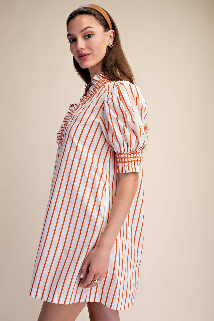 Orange & White Striped Smocked Puff Sleeve Dress