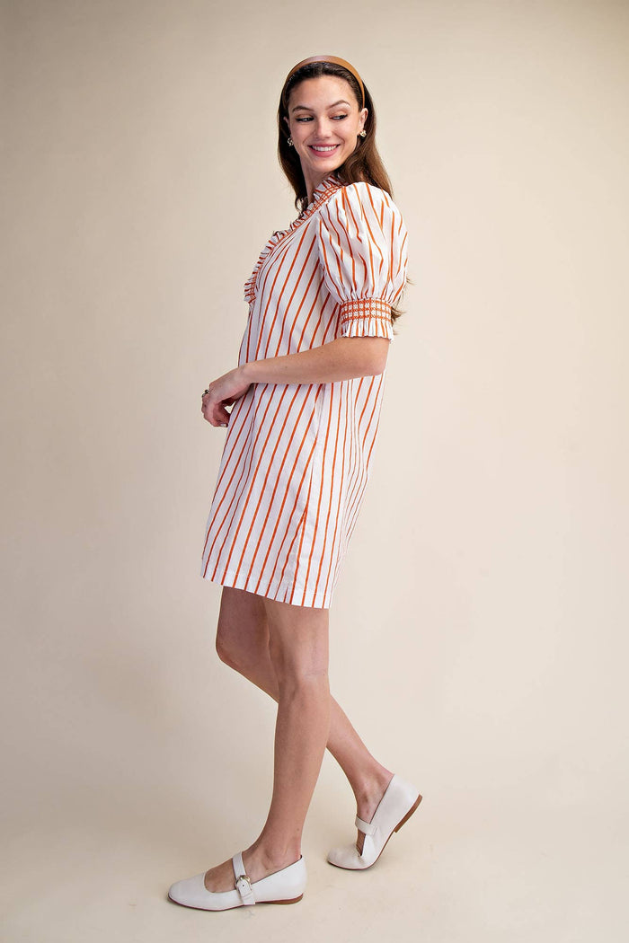 Orange & White Striped Smocked Puff Sleeve Dress