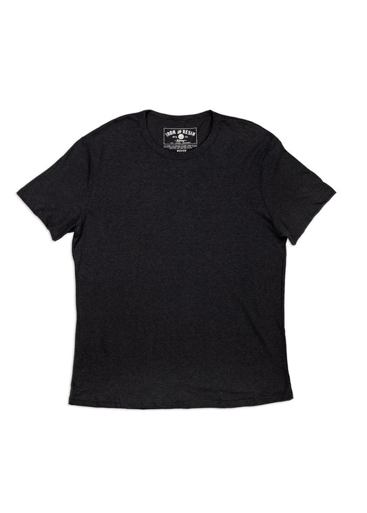 Black crew-neck T-shirt with short sleeves, displayed flat. The label reads "Iron & Resin" in white text. Simple and classic design.