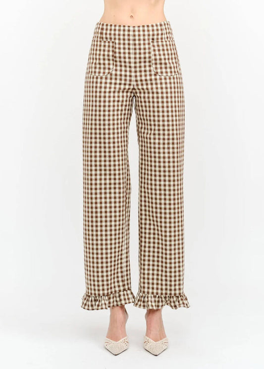 Paloma Straight Ruffle Gingham Pant - Brown