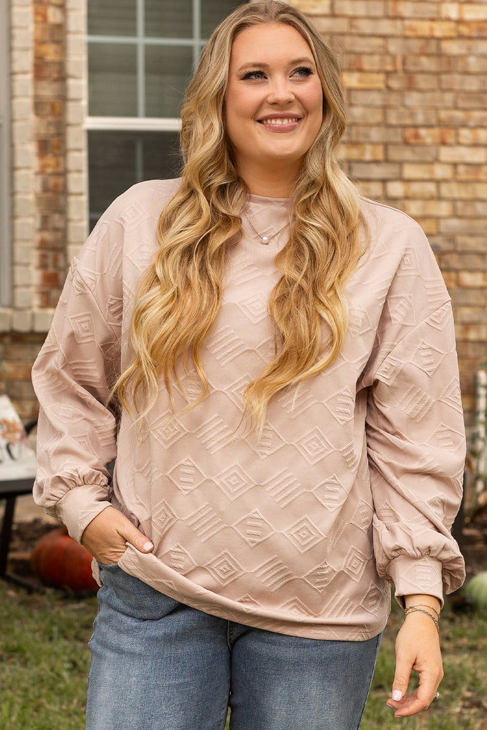 Parchment Plus Size Textured Drop Shoulder Crew Neck Sweatshirt - PARCHMENT / 1X / 95% POLYESTER + 5% ELASTANE