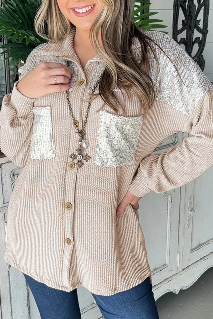 Parchment Sequin Patch Chest Pocket Corduroy Shacket - PARCHMENT / S / 75% POLYESTER + 20% VISCOSE + 5% ELASTANE