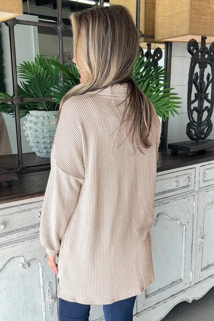 Parchment Sequin Patch Chest Pocket Corduroy Shacket - Outerwear/Jackets