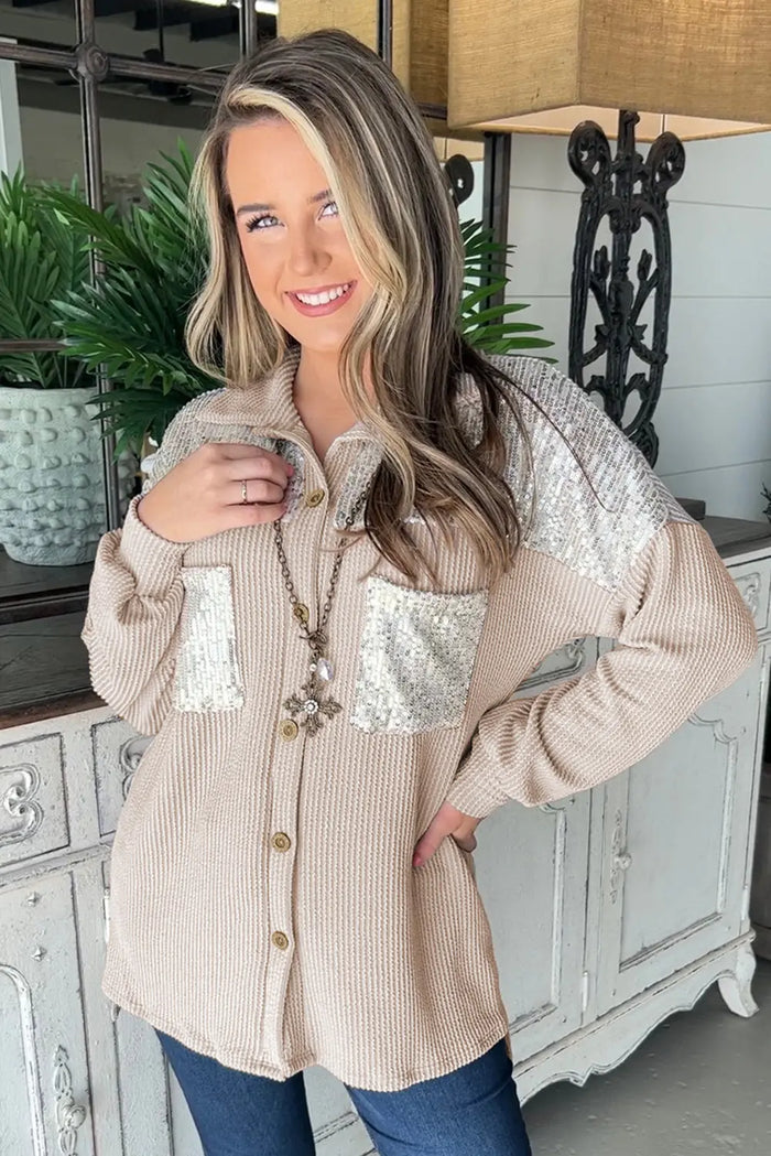 Parchment Sequin Patch Chest Pocket Corduroy Shacket - Outerwear/Jackets