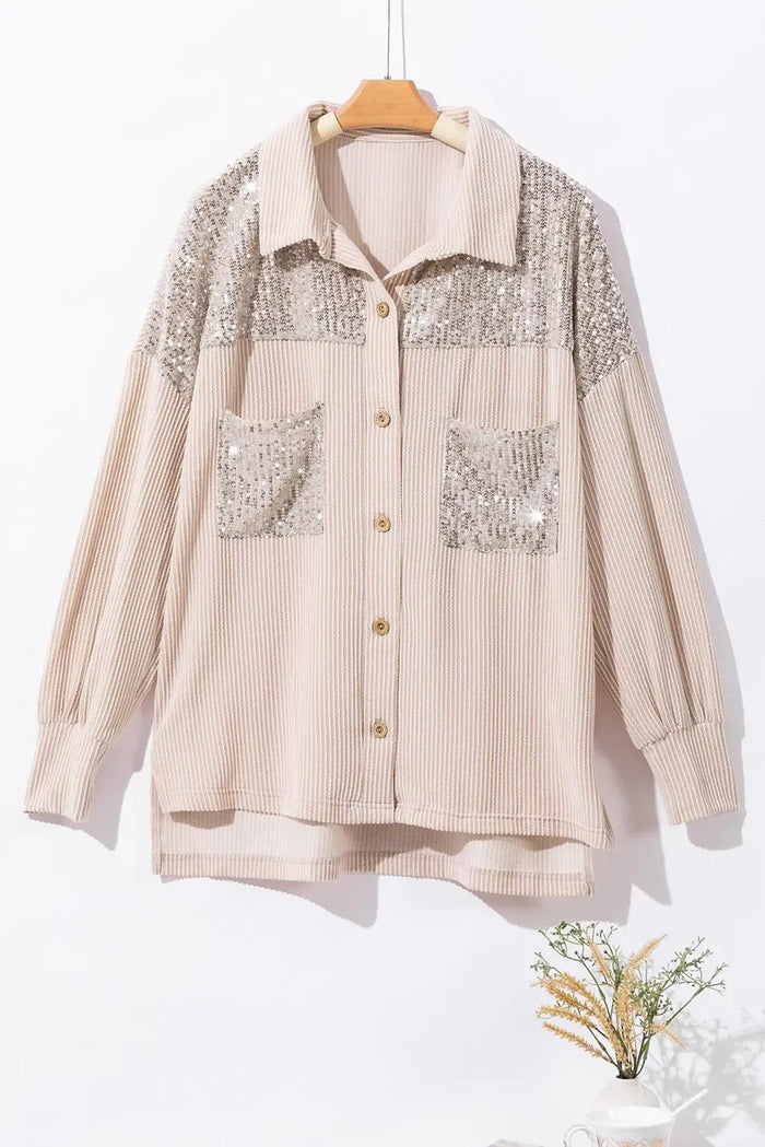 Parchment Sequin Patch Chest Pocket Corduroy Shacket - Outerwear/Jackets