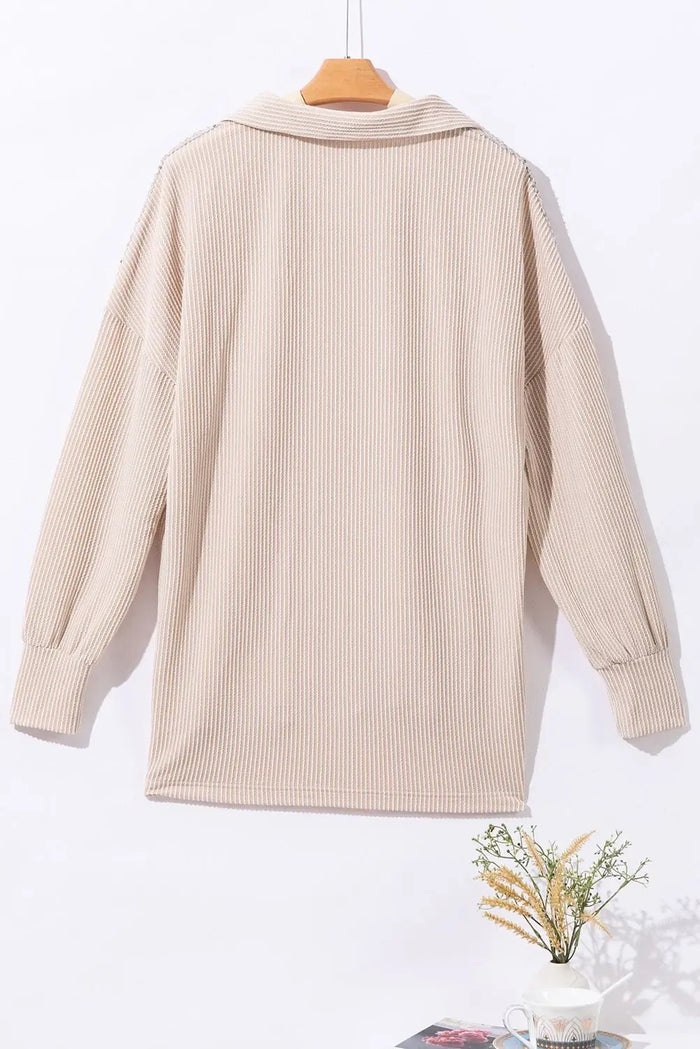 Parchment Sequin Patch Chest Pocket Corduroy Shacket - Outerwear/Jackets