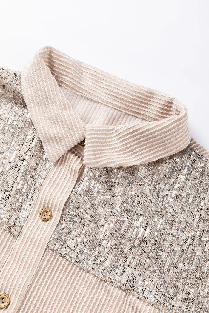 Parchment Sequin Patch Chest Pocket Corduroy Shacket - Outerwear/Jackets