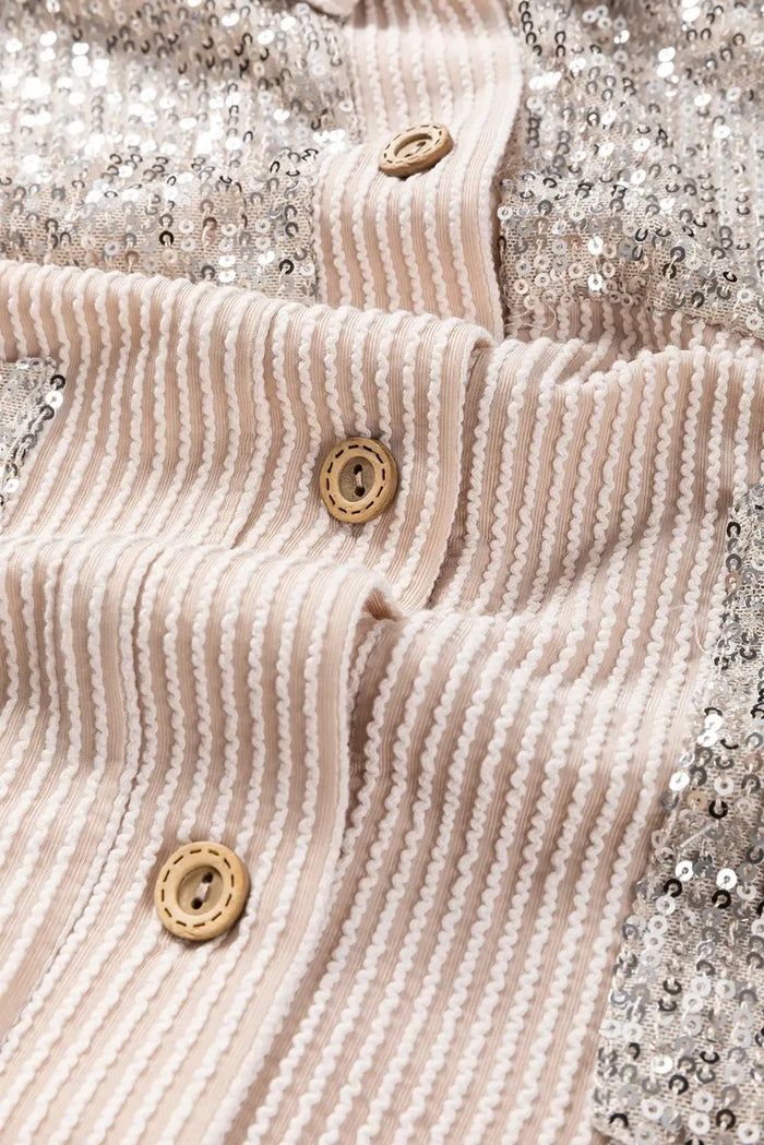 Parchment Sequin Patch Chest Pocket Corduroy Shacket - Outerwear/Jackets