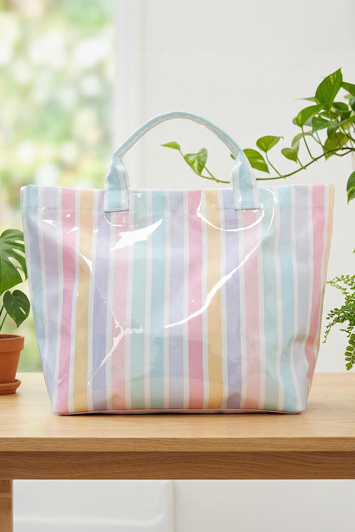 Pastel Rainbow Glossy Striped Waterproof Large Tote Bag