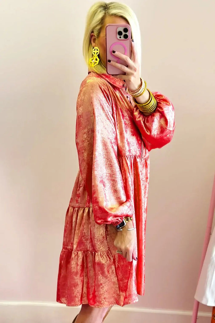 Peach Blossom Metallic Sheen Puff Sleeve Button Up Mini Shirt Dress - Dresses/Mini Dresses