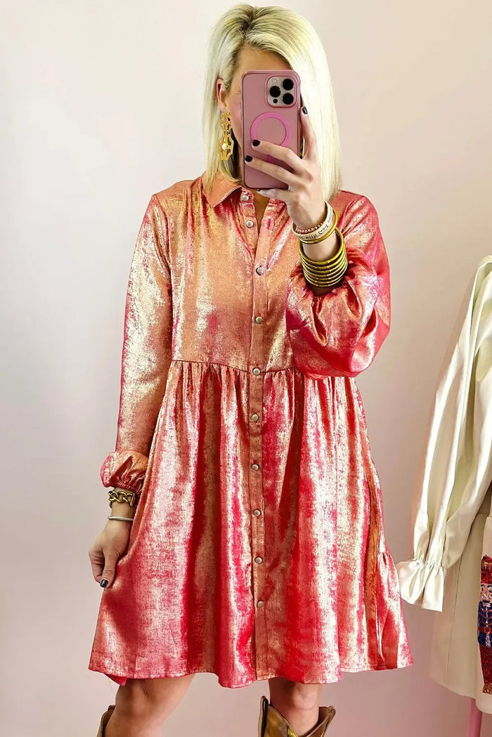 Peach Blossom Metallic Sheen Puff Sleeve Button Up Mini Shirt Dress - Dresses/Mini Dresses