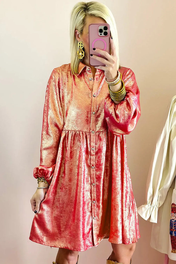Peach Blossom Metallic Sheen Puff Sleeve Button Up Mini Shirt Dress - Dresses/Mini Dresses