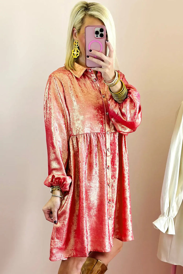 Peach Blossom Metallic Sheen Puff Sleeve Button Up Mini Shirt Dress - Dresses/Mini Dresses