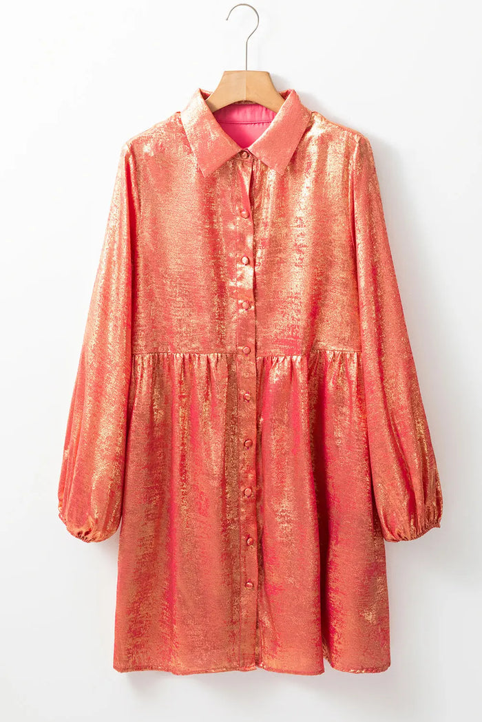 Peach Blossom Metallic Sheen Puff Sleeve Button Up Mini Shirt Dress - Dresses/Mini Dresses