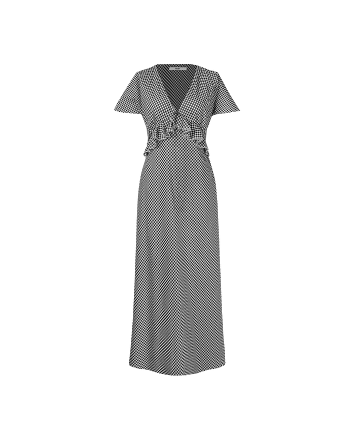 PETAL RUFFLE MIDI DRESS BLACK GINGHAM