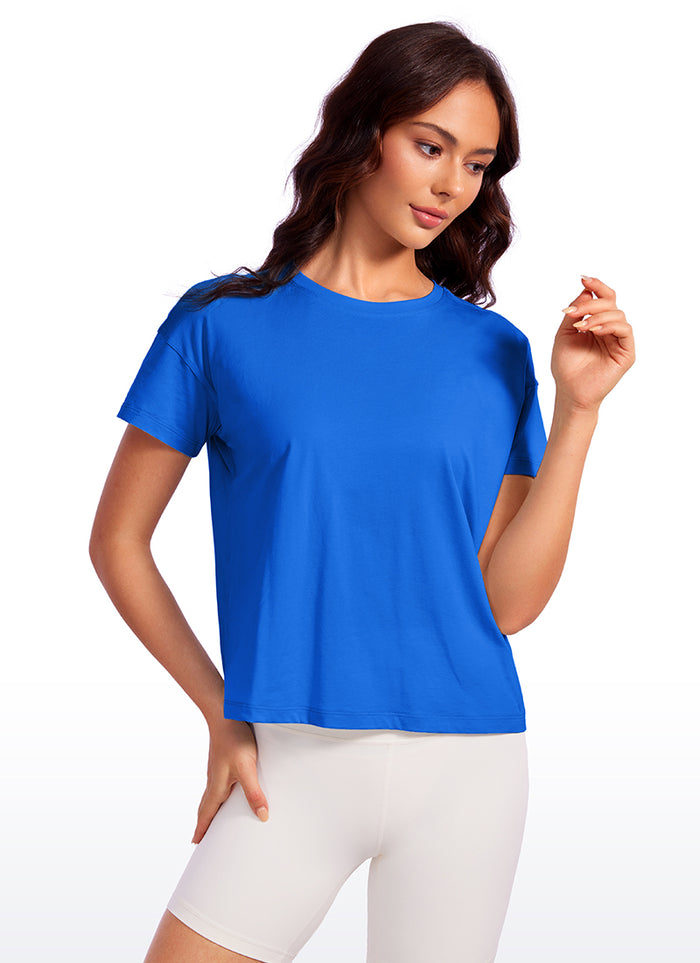 CRZ YOGA Women's Yoga Loose Fit Shirt Pima Cotton Short Sleeves Strong Blue