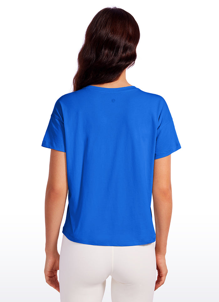CRZ YOGA Women's Yoga Loose Fit Shirt Pima Cotton Short Sleeves Strong Blue