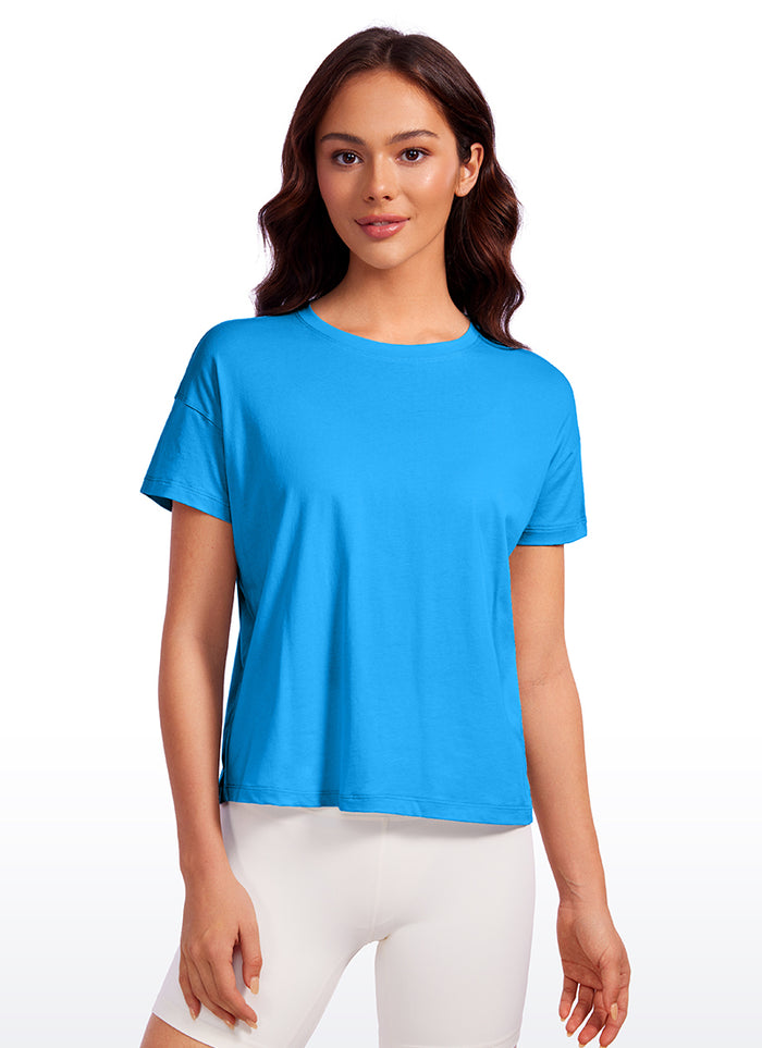 CRZ YOGA Women's Yoga Loose Fit Shirt Pima Cotton Short Sleeves Madagascar Blue