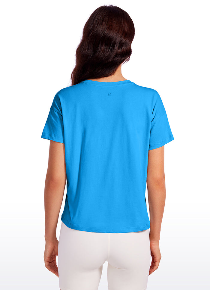 CRZ YOGA Women's Yoga Loose Fit Shirt Pima Cotton Short Sleeves Madagascar Blue