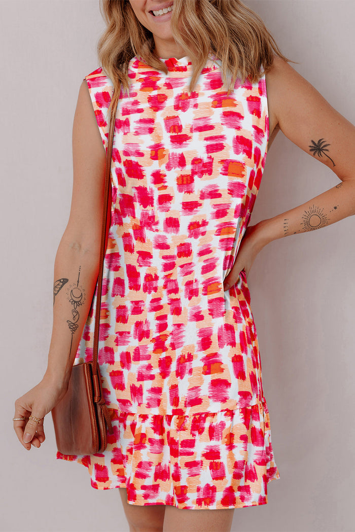 Pink Abstract Print Frilly Neck Sleeveless Mini Dress - Dresses/Mini Dresses