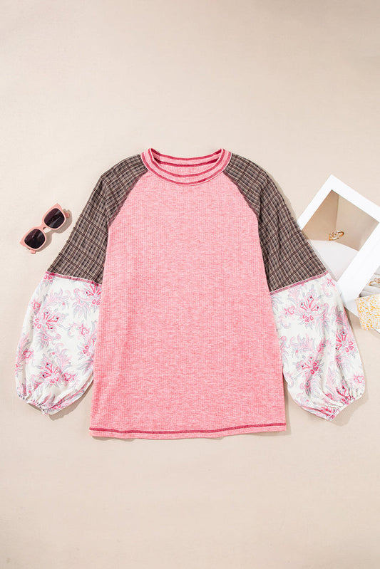 Pink Checkered Paisley Patchwork Raglan Sleeve Seamed Plus Size Top - PINK / 1X / 85% POLYESTER + 10% VISCOSE + 5%