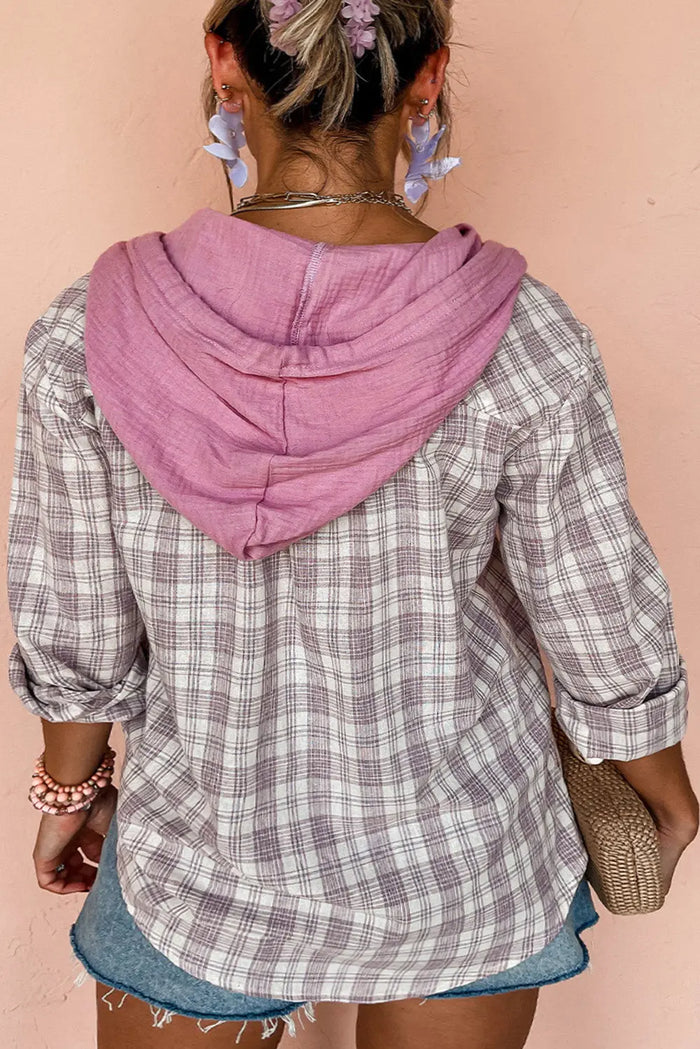 Shop Pink Plaid Print Drawstring Hooded Button-up Plus Size Shirt at eAura