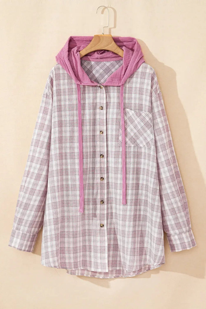 Shop Pink Plaid Print Drawstring Hooded Button-up Plus Size Shirt at eAura