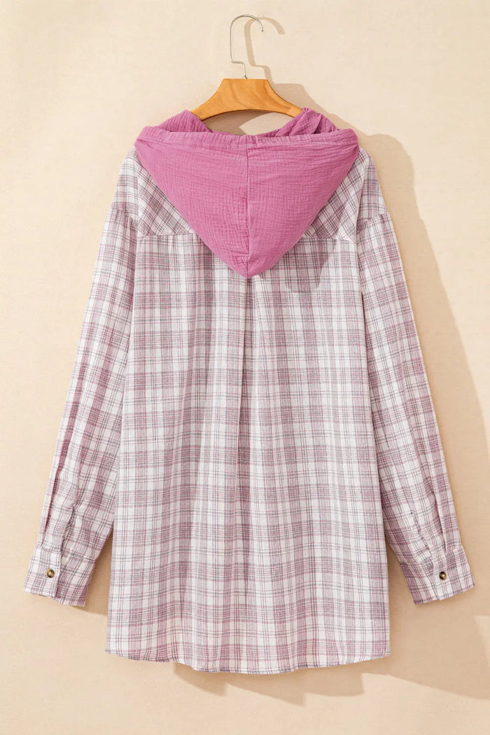 Shop Pink Plaid Print Drawstring Hooded Button-up Plus Size Shirt at eAura