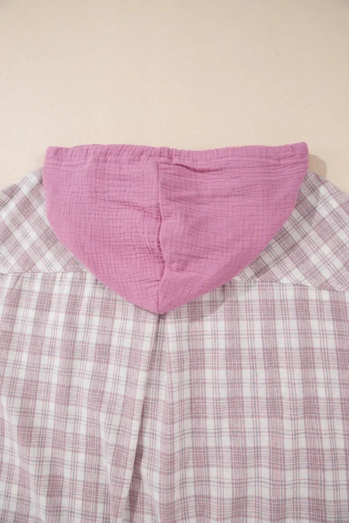 Shop Pink Plaid Print Drawstring Hooded Button-up Plus Size Shirt at eAura