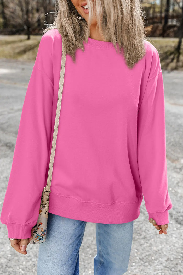 Pink Plain Drop Shoulder Crewneck Pullover Sweatshirt - BONBON / S / 50% POLYESTER + 50% COTTON - Tops/Sweatshirts &