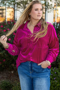Pink Plus Size Velvet Chest Pocket Drop Shoulder Shirt - 1X - Size/Plus Tops/Plus Blouses & Shirts