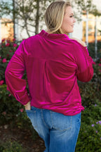 Pink Plus Size Velvet Chest Pocket Drop Shoulder Shirt - Size/Plus Tops/Plus Blouses & Shirts