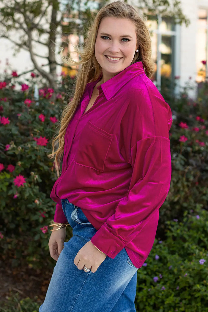 Pink Plus Size Velvet Chest Pocket Drop Shoulder Shirt - Size/Plus Tops/Plus Blouses & Shirts