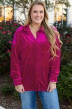 Pink Plus Size Velvet Chest Pocket Drop Shoulder Shirt - Size/Plus Tops/Plus Blouses & Shirts