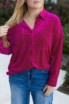 Pink Plus Size Velvet Chest Pocket Drop Shoulder Shirt - Size/Plus Tops/Plus Blouses & Shirts