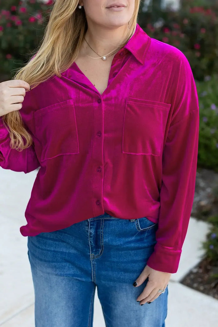 Pink Plus Size Velvet Chest Pocket Drop Shoulder Shirt - Size/Plus Tops/Plus Blouses & Shirts