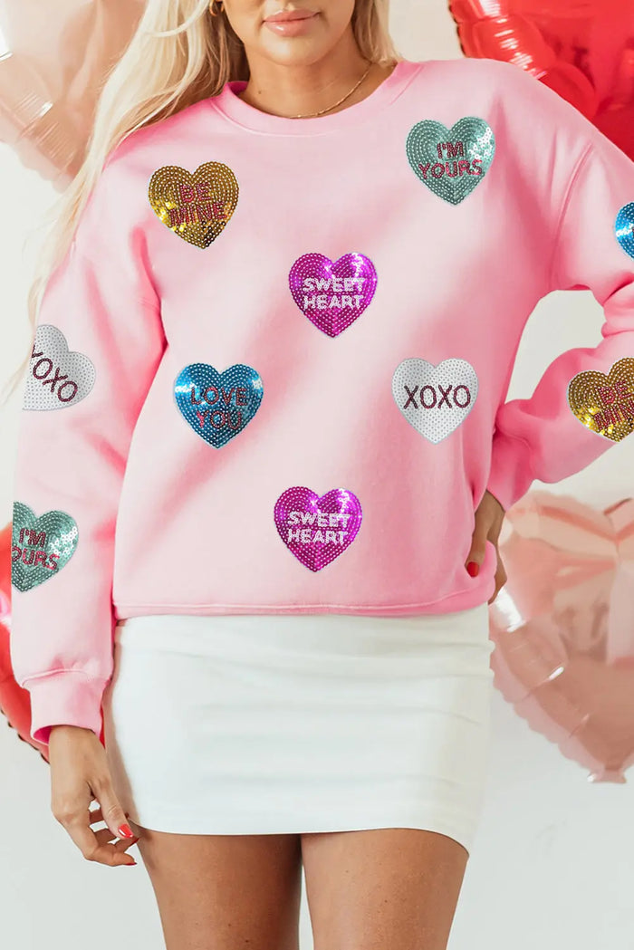 Pink Sequin Romantic Letters Heart Graphic Valentines Sweatshirt - S / 50% Polyester + 50% Cotton - Graphic/Graphic