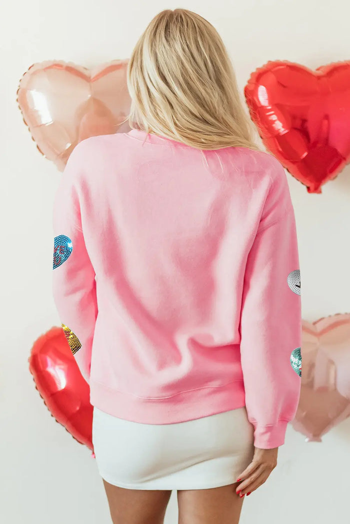 Pink Sequin Romantic Letters Heart Graphic Valentines Sweatshirt - Graphic/Graphic Sweatshirts
