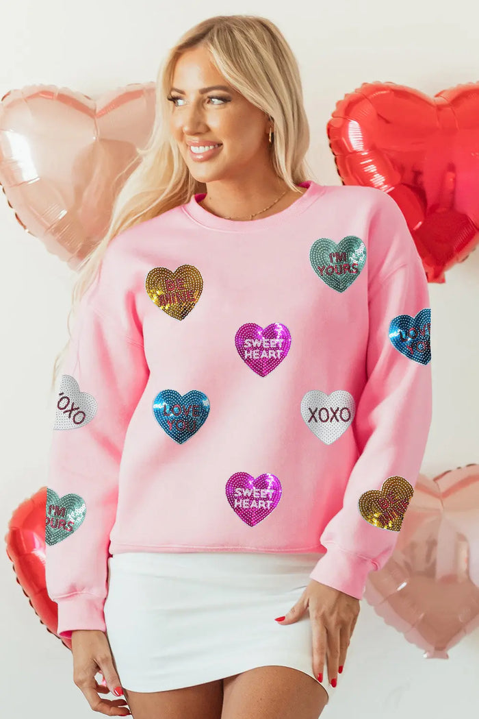 Pink Sequin Romantic Letters Heart Graphic Valentines Sweatshirt - Graphic/Graphic Sweatshirts