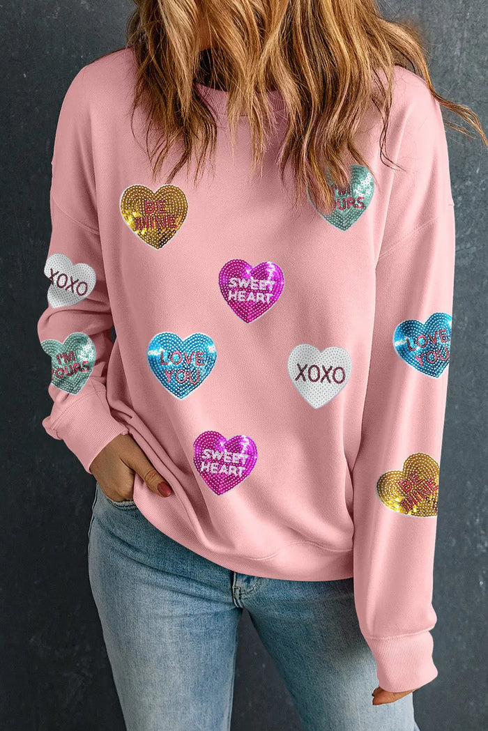 Pink Sequin Romantic Letters Heart Graphic Valentines Sweatshirt - Graphic/Graphic Sweatshirts