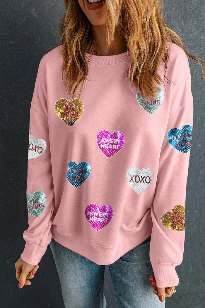 Pink Sequin Romantic Letters Heart Graphic Valentines Sweatshirt - Graphic/Graphic Sweatshirts
