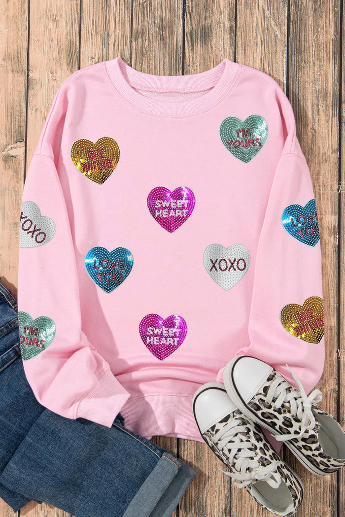 Pink Sequin Romantic Letters Heart Graphic Valentines Sweatshirt - Graphic/Graphic Sweatshirts