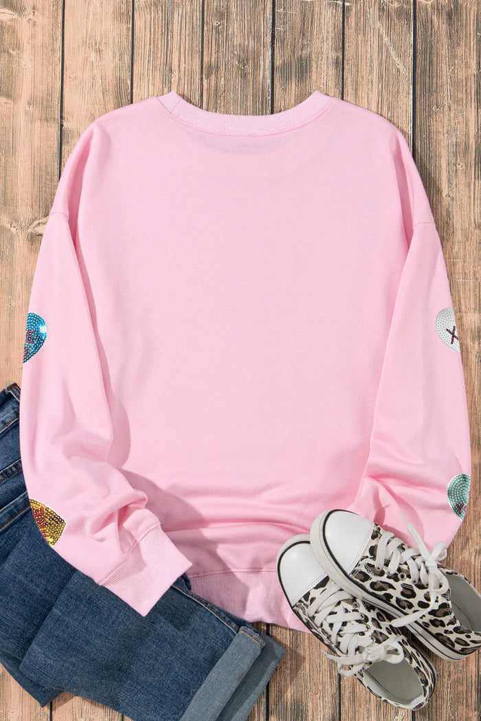 Pink Sequin Romantic Letters Heart Graphic Valentines Sweatshirt - Graphic/Graphic Sweatshirts