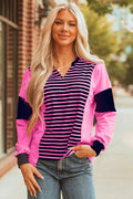 Pink Stripe V-Neck Loose Fit Long Sleeve Top - S - Tops/Long Tops